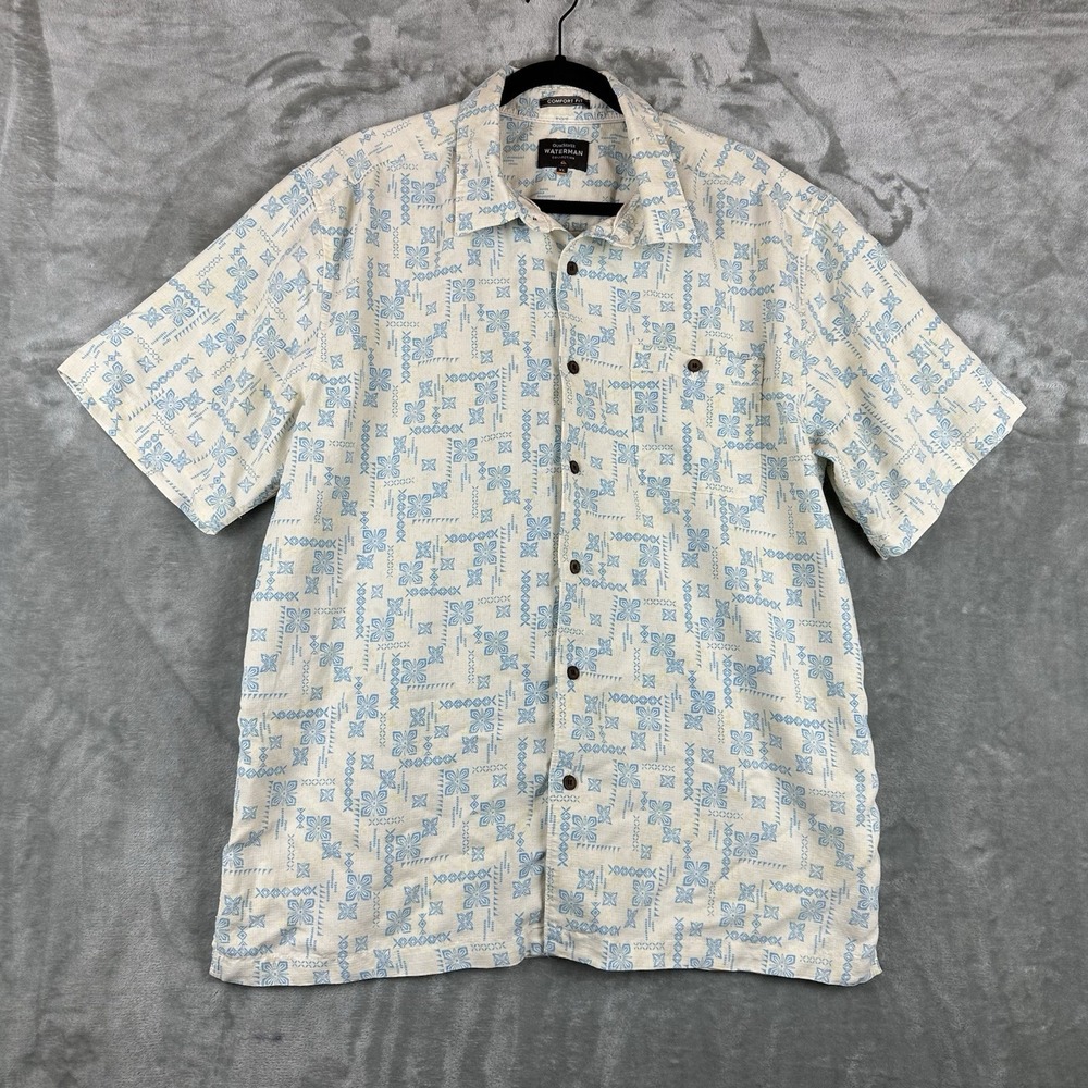 Quiksilver Waterman Collection Button Front Shirt Men's XL Off White Blue Floral